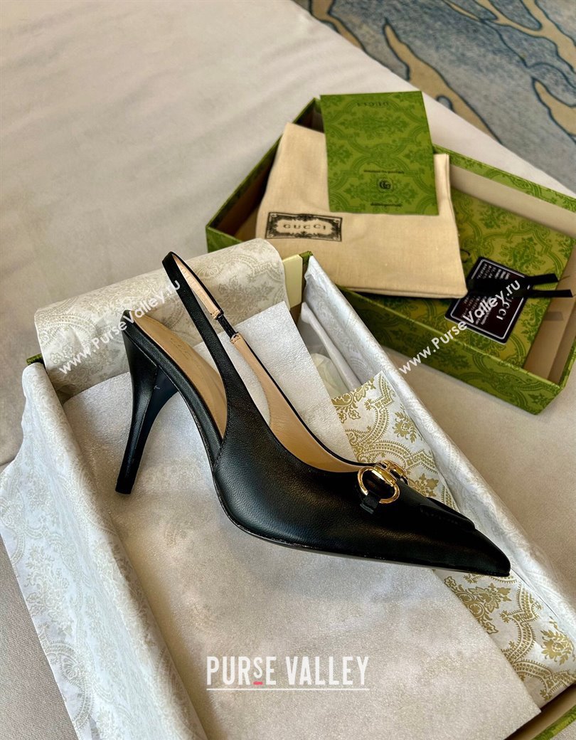 Gucci Calf Leather Slingback Pumps 10.5cm with Horsebit Black 2024 782627 (MD-241119025)