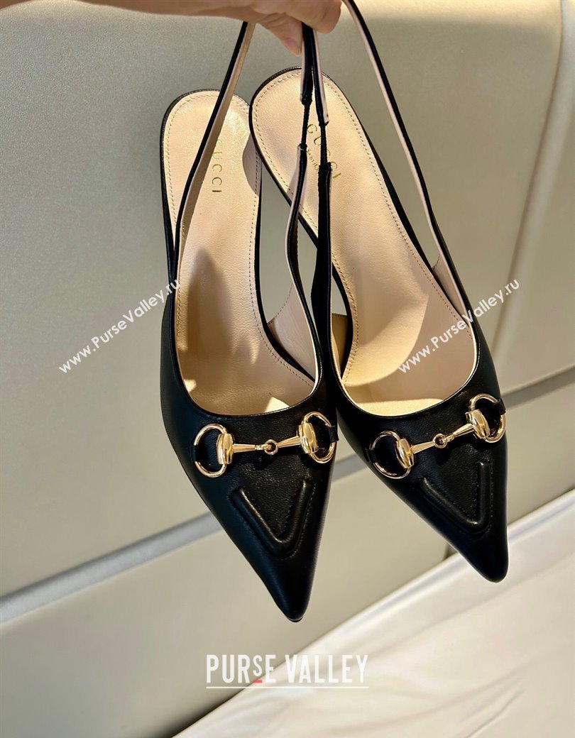 Gucci Calf Leather Slingback Pumps 10.5cm with Horsebit Black 2024 782627 (MD-241119025)