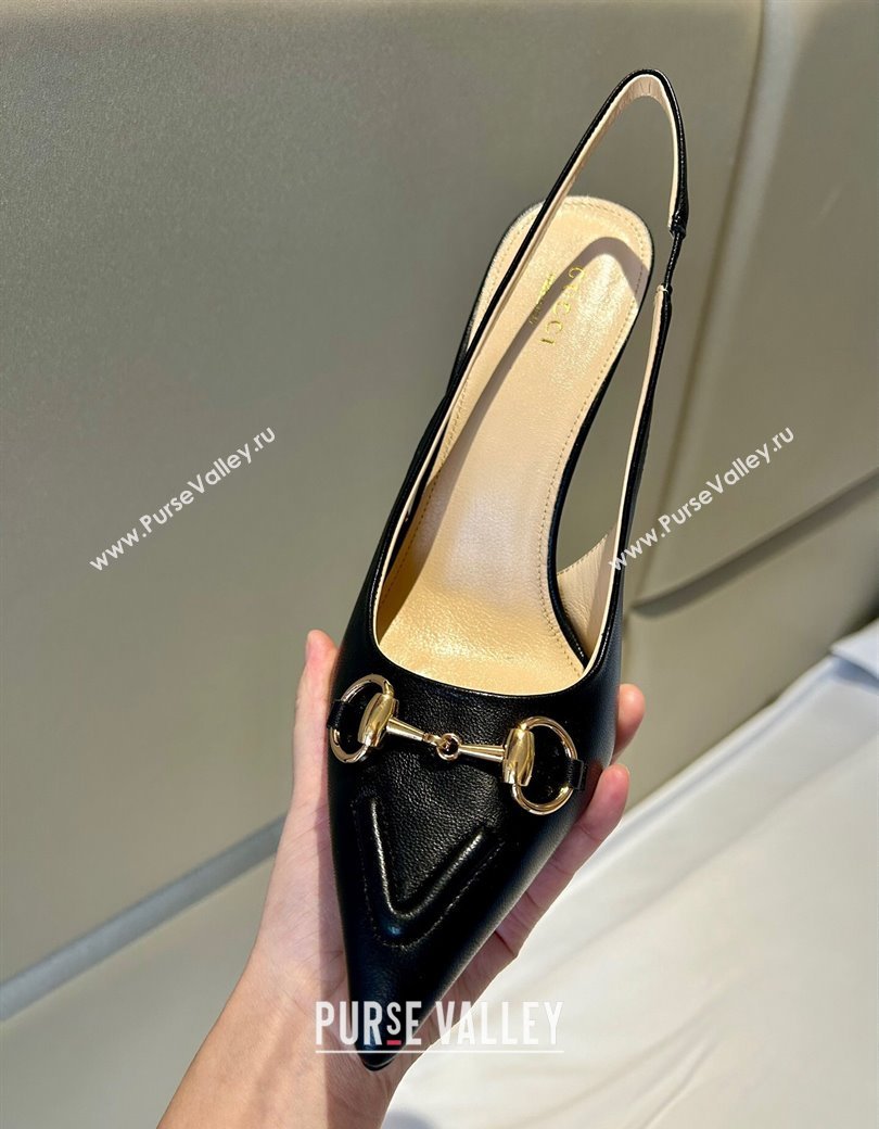 Gucci Calf Leather Slingback Pumps 10.5cm with Horsebit Black 2024 782627 (MD-241119025)