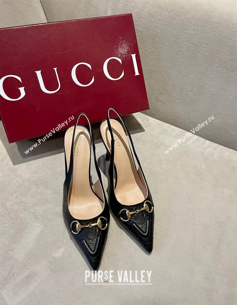 Gucci GG Leather Slingback Pumps 10.5cm with Horsebit 782627 Black 2024 (MD-241119029)