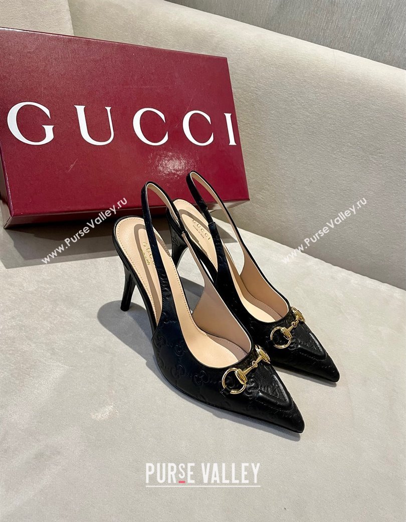 Gucci GG Leather Slingback Pumps 10.5cm with Horsebit 782627 Black 2024 (MD-241119029)