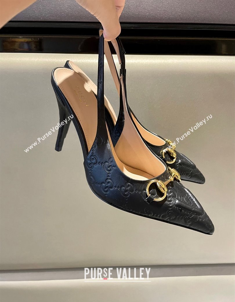 Gucci GG Leather Slingback Pumps 10.5cm with Horsebit 782627 Black 2024 (MD-241119029)