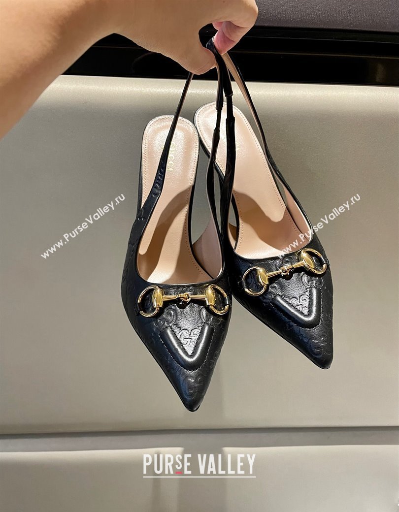 Gucci GG Leather Slingback Pumps 10.5cm with Horsebit 782627 Black 2024 (MD-241119029)