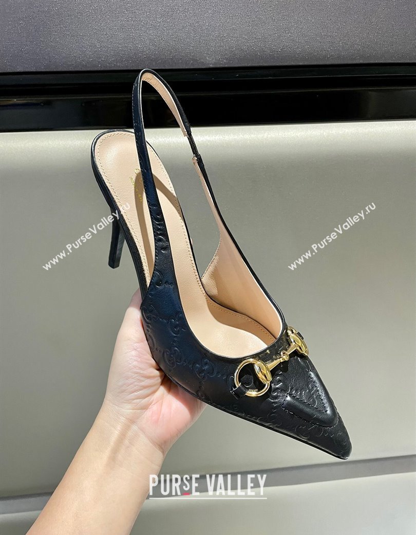 Gucci GG Leather Slingback Pumps 10.5cm with Horsebit 782627 Black 2024 (MD-241119029)