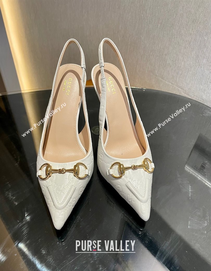 Gucci GG Leather Slingback Pumps 10.5cm with Horsebit 782627 White 2024 (MD-241119030)