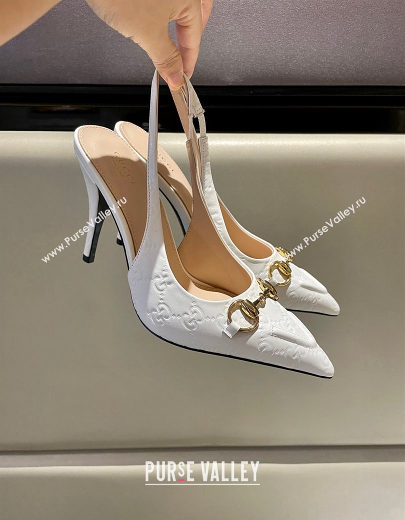 Gucci GG Leather Slingback Pumps 10.5cm with Horsebit 782627 White 2024 (MD-241119030)