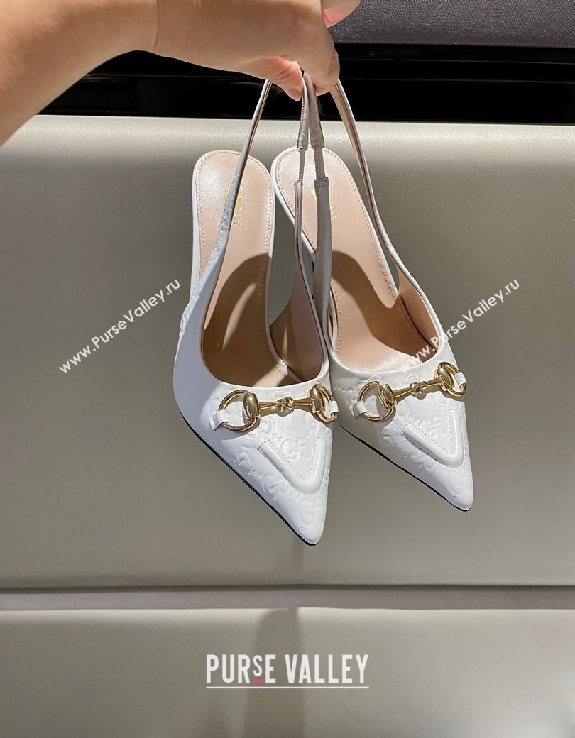 Gucci GG Leather Slingback Pumps 10.5cm with Horsebit 782627 White 2024 (MD-241119030)