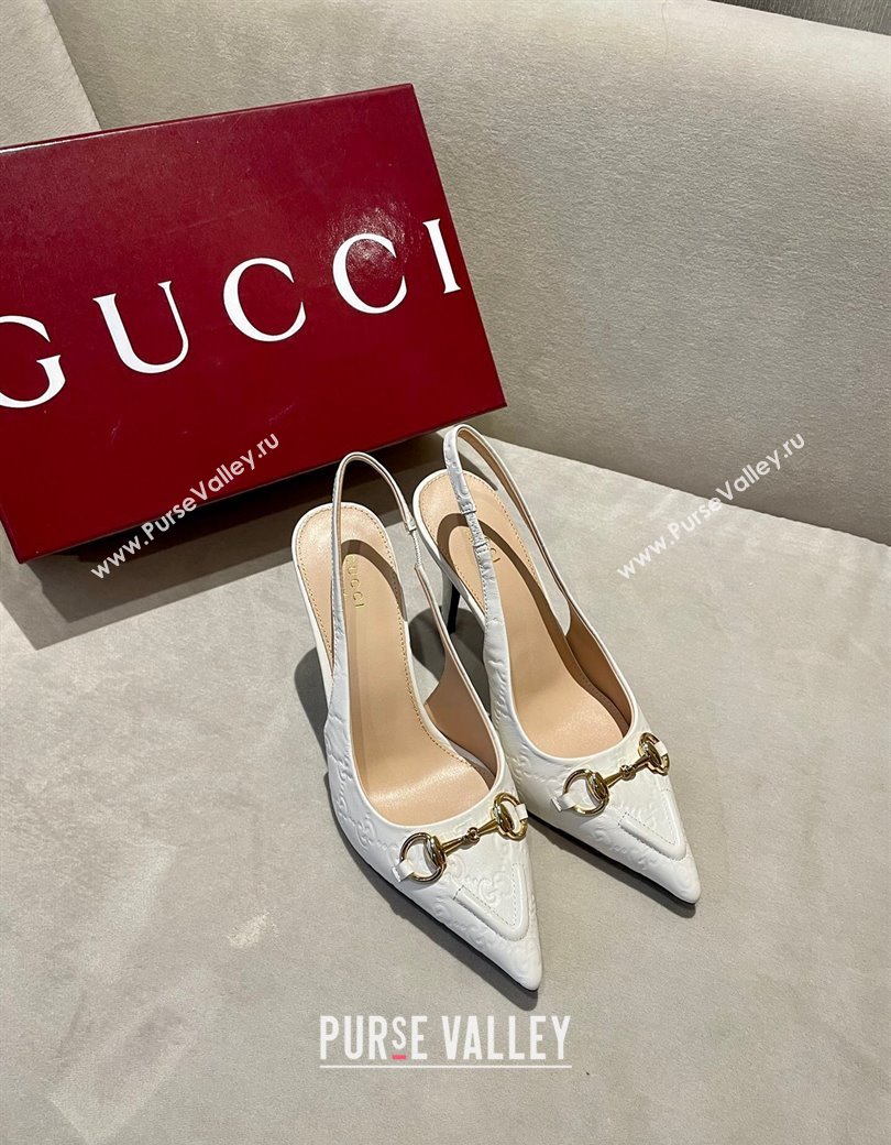 Gucci GG Leather Slingback Pumps 10.5cm with Horsebit 782627 White 2024 (MD-241119030)