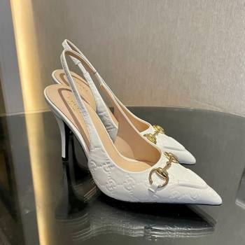 Gucci GG Leather Slingback Pumps 10.5cm with Horsebit 782627 White 2024 (MD-241119030)