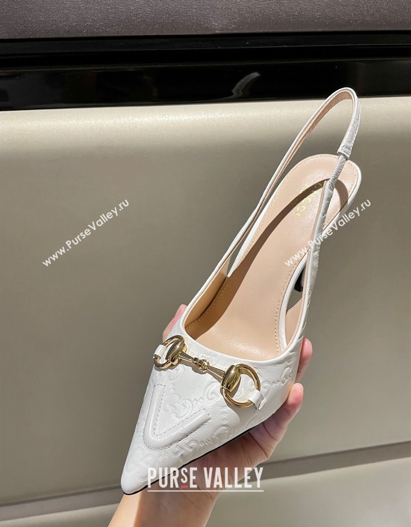 Gucci GG Leather Slingback Pumps 10.5cm with Horsebit 782627 White 2024 (MD-241119030)