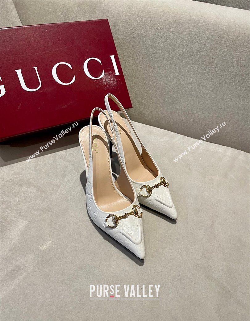 Gucci GG Leather Slingback Pumps 10.5cm with Horsebit 782627 White 2024 (MD-241119030)