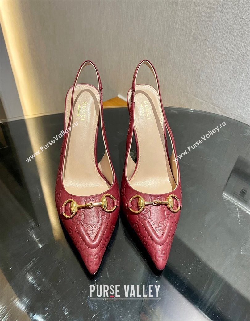 Gucci GG Leather Slingback Pumps 10.5cm with Horsebit 782627 Burgundy 2024 (MD-241119031)