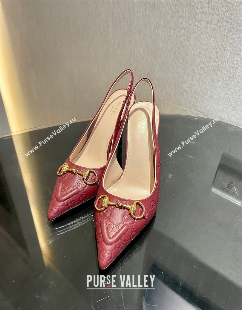 Gucci GG Leather Slingback Pumps 10.5cm with Horsebit 782627 Burgundy 2024 (MD-241119031)