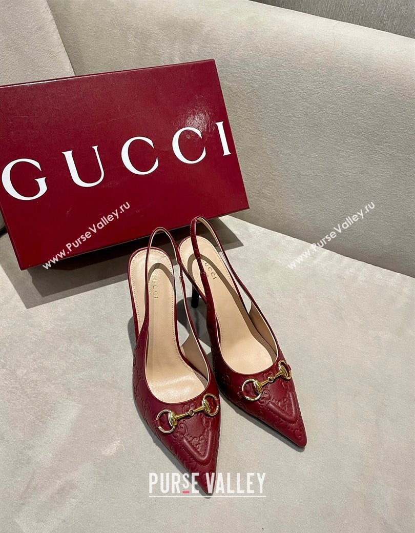 Gucci GG Leather Slingback Pumps 10.5cm with Horsebit 782627 Burgundy 2024 (MD-241119031)