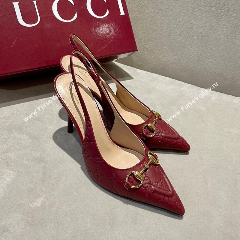 Gucci GG Leather Slingback Pumps 10.5cm with Horsebit 782627 Burgundy 2024 (MD-241119031)