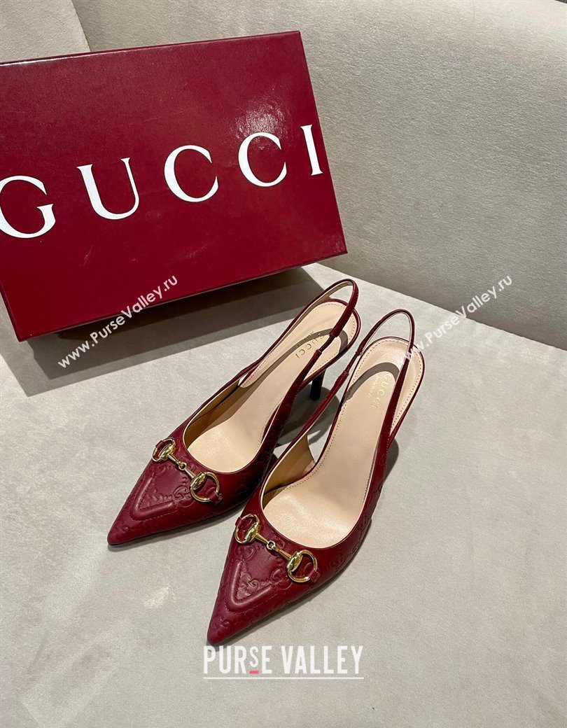 Gucci GG Leather Slingback Pumps 10.5cm with Horsebit 782627 Burgundy 2024 (MD-241119031)