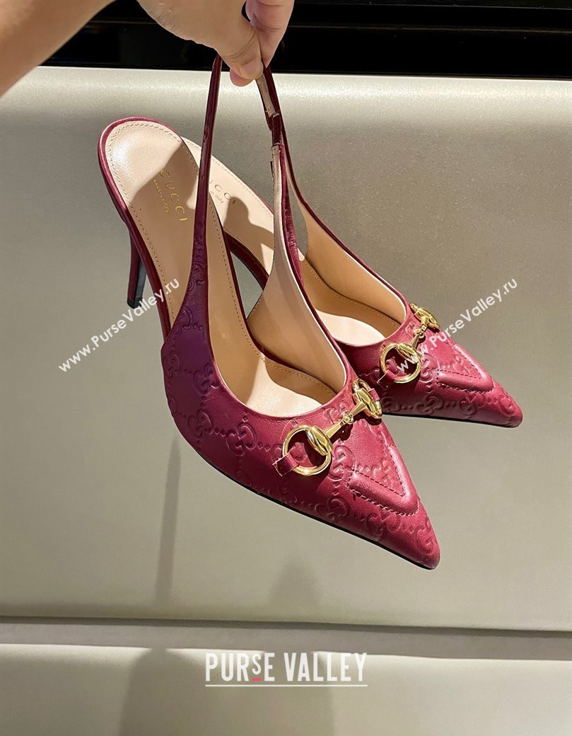 Gucci GG Leather Slingback Pumps 10.5cm with Horsebit 782627 Burgundy 2024 (MD-241119031)