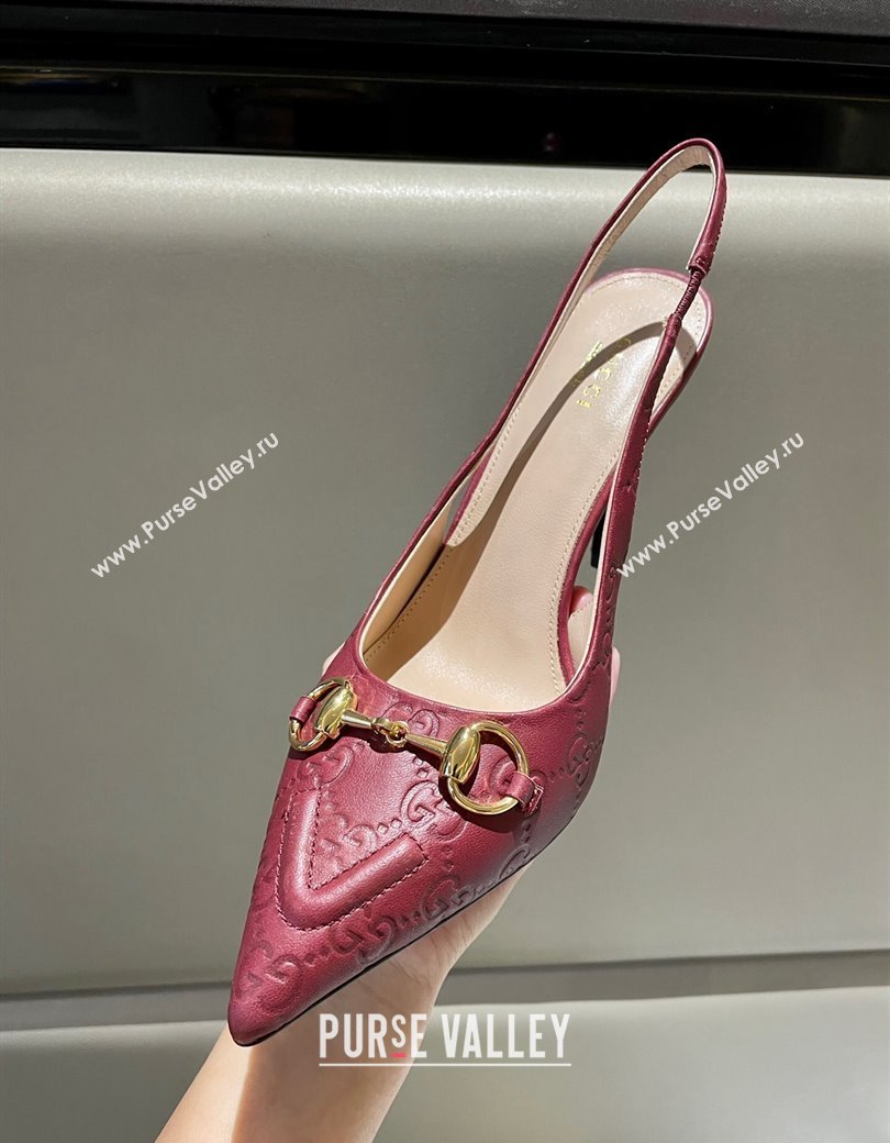 Gucci GG Leather Slingback Pumps 10.5cm with Horsebit 782627 Burgundy 2024 (MD-241119031)