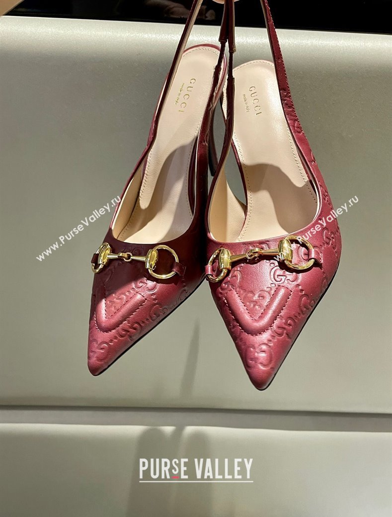 Gucci GG Leather Slingback Pumps 10.5cm with Horsebit 782627 Burgundy 2024 (MD-241119031)