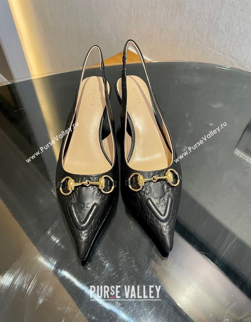 Gucci GG Leather Slingback Pumps 4.5cm with Horsebit 782627 Black 2024 (MD-241119032)