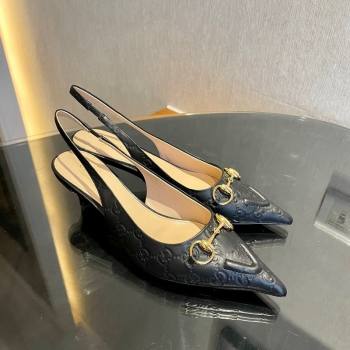 Gucci GG Leather Slingback Pumps 4.5cm with Horsebit 782627 Black 2024 (MD-241119032)