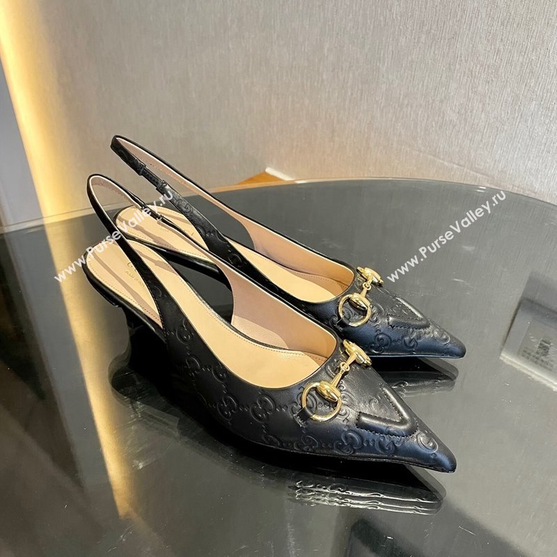 Gucci GG Leather Slingback Pumps 4.5cm with Horsebit 782627 Black 2024 (MD-241119032)