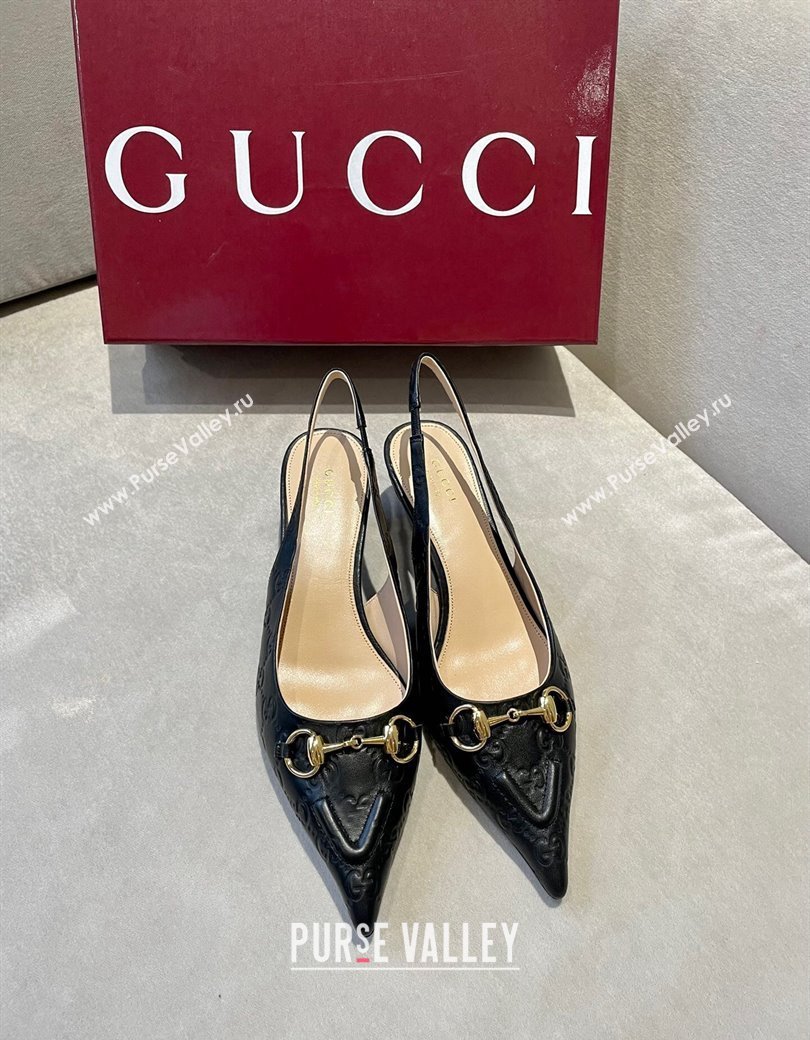 Gucci GG Leather Slingback Pumps 4.5cm with Horsebit 782627 Black 2024 (MD-241119032)