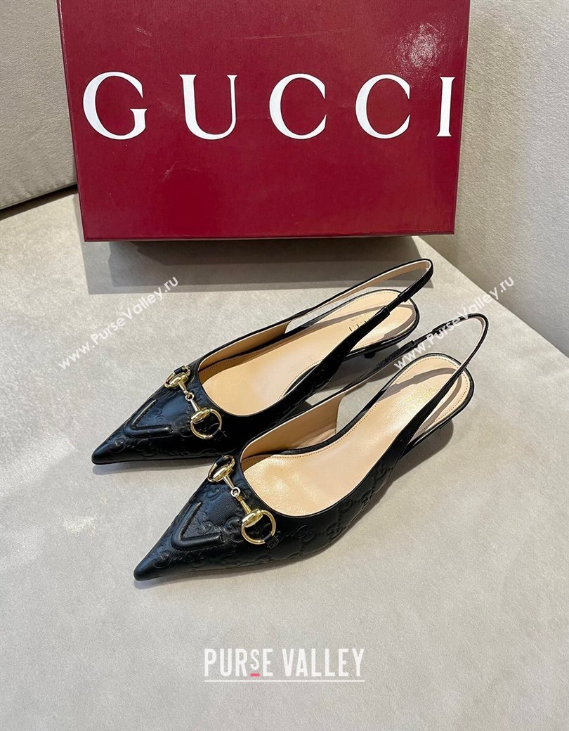 Gucci GG Leather Slingback Pumps 4.5cm with Horsebit 782627 Black 2024 (MD-241119032)