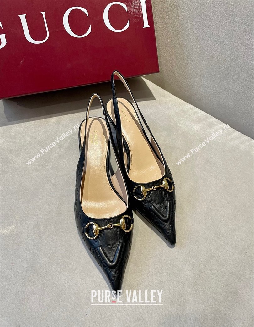 Gucci GG Leather Slingback Pumps 4.5cm with Horsebit 782627 Black 2024 (MD-241119032)