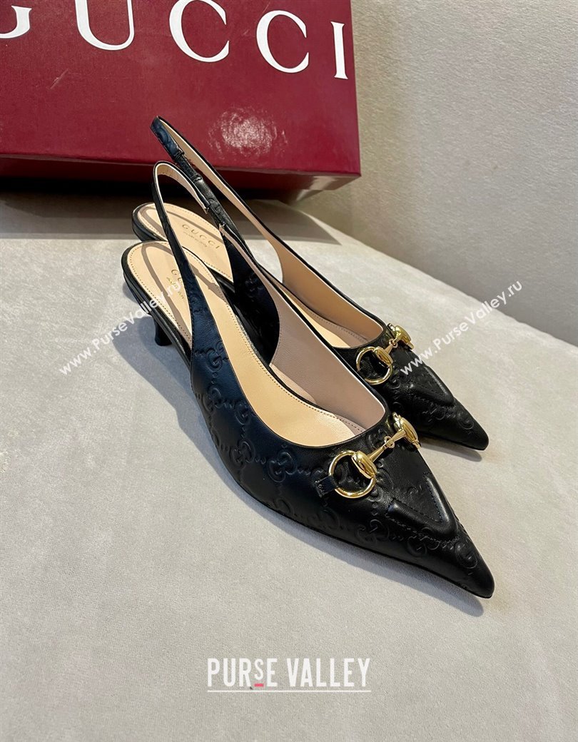 Gucci GG Leather Slingback Pumps 4.5cm with Horsebit 782627 Black 2024 (MD-241119032)