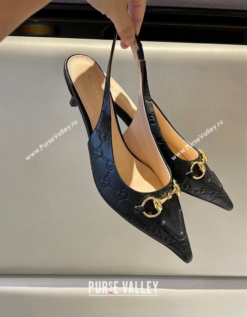 Gucci GG Leather Slingback Pumps 4.5cm with Horsebit 782627 Black 2024 (MD-241119032)