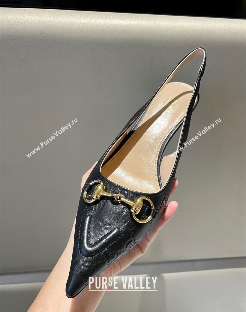 Gucci GG Leather Slingback Pumps 4.5cm with Horsebit 782627 Black 2024 (MD-241119032)