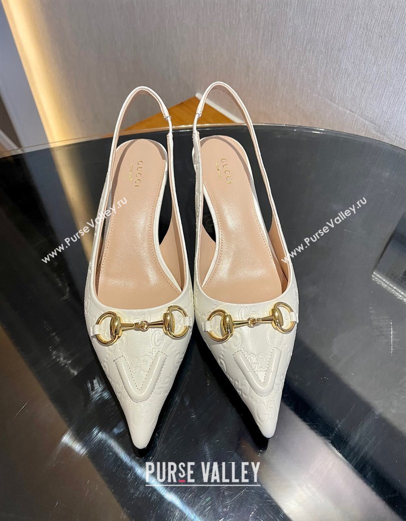 Gucci GG Leather Slingback Pumps 4.5cm with Horsebit 782627 White 2024 (MD-241119033)