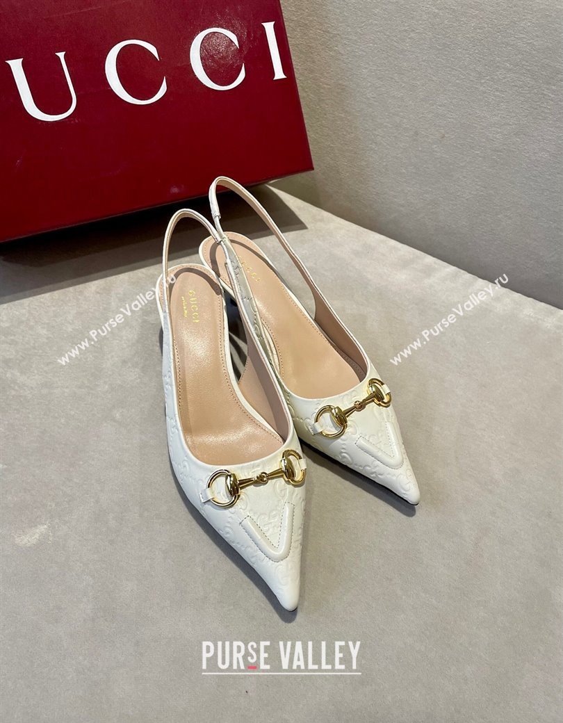 Gucci GG Leather Slingback Pumps 4.5cm with Horsebit 782627 White 2024 (MD-241119033)