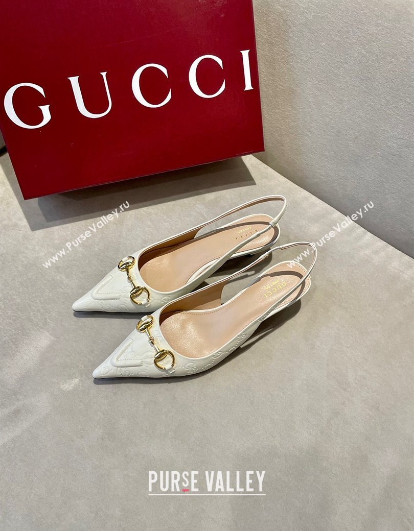 Gucci GG Leather Slingback Pumps 4.5cm with Horsebit 782627 White 2024 (MD-241119033)