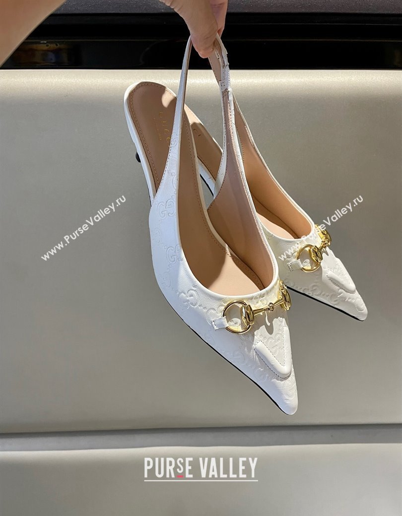 Gucci GG Leather Slingback Pumps 4.5cm with Horsebit 782627 White 2024 (MD-241119033)