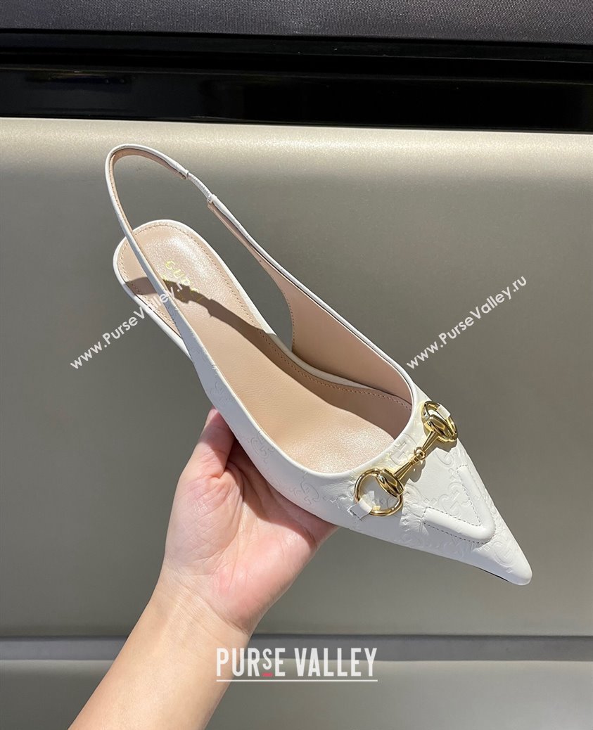 Gucci GG Leather Slingback Pumps 4.5cm with Horsebit 782627 White 2024 (MD-241119033)