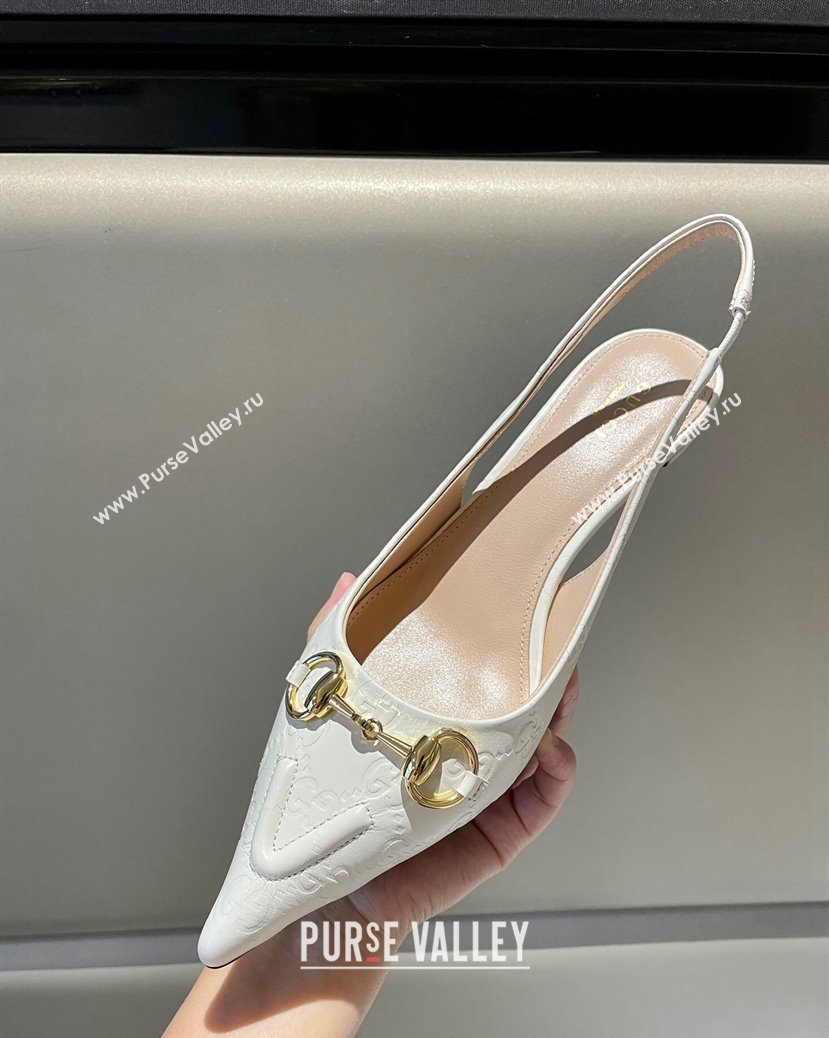 Gucci GG Leather Slingback Pumps 4.5cm with Horsebit 782627 White 2024 (MD-241119033)