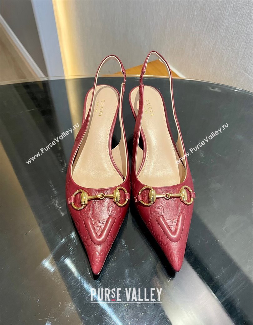 Gucci GG Leather Slingback Pumps 4.5cm with Horsebit 782627 Burgundy 2024 (MD-241119034)