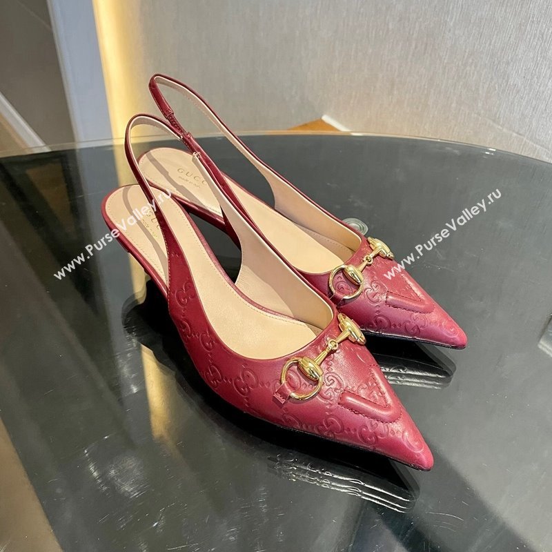 Gucci GG Leather Slingback Pumps 4.5cm with Horsebit 782627 Burgundy 2024 (MD-241119034)