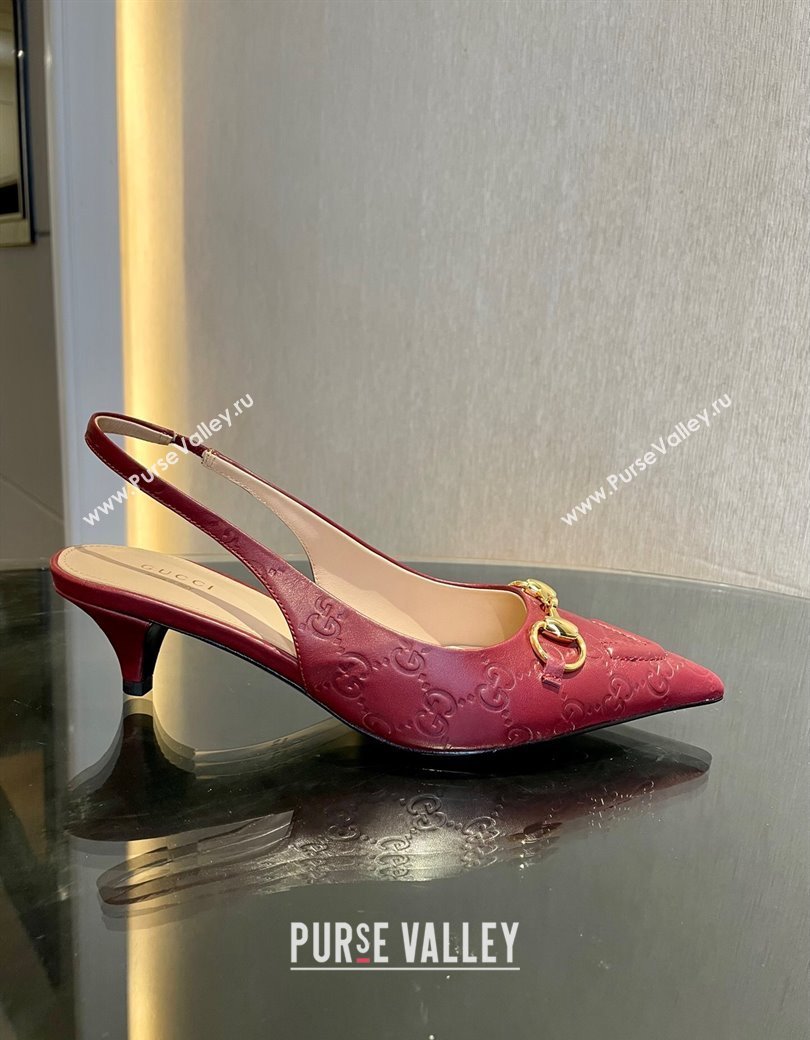 Gucci GG Leather Slingback Pumps 4.5cm with Horsebit 782627 Burgundy 2024 (MD-241119034)