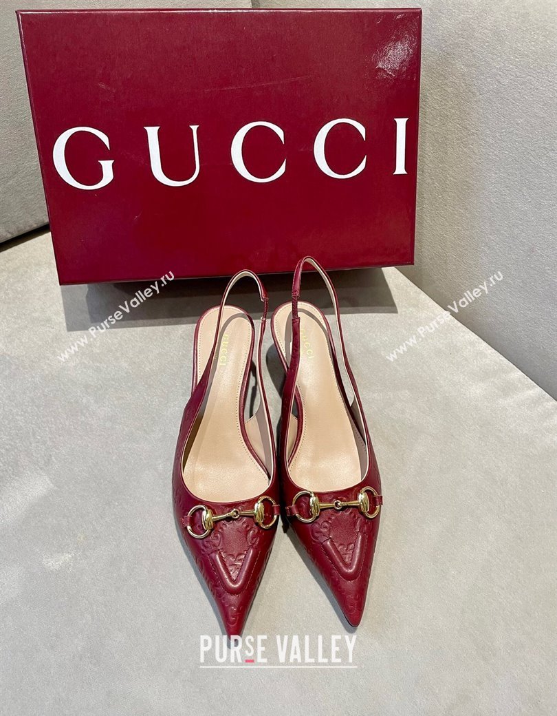 Gucci GG Leather Slingback Pumps 4.5cm with Horsebit 782627 Burgundy 2024 (MD-241119034)