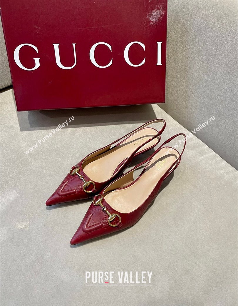 Gucci GG Leather Slingback Pumps 4.5cm with Horsebit 782627 Burgundy 2024 (MD-241119034)