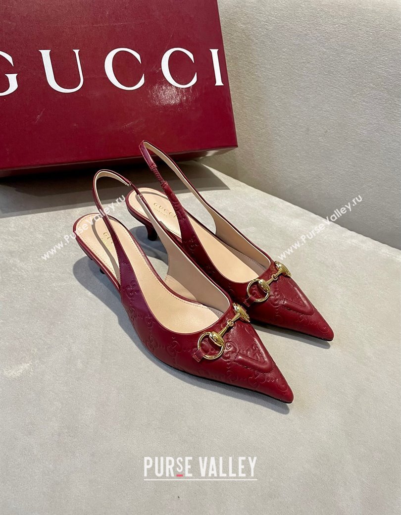 Gucci GG Leather Slingback Pumps 4.5cm with Horsebit 782627 Burgundy 2024 (MD-241119034)