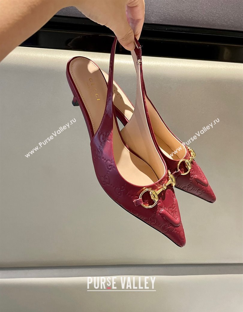 Gucci GG Leather Slingback Pumps 4.5cm with Horsebit 782627 Burgundy 2024 (MD-241119034)