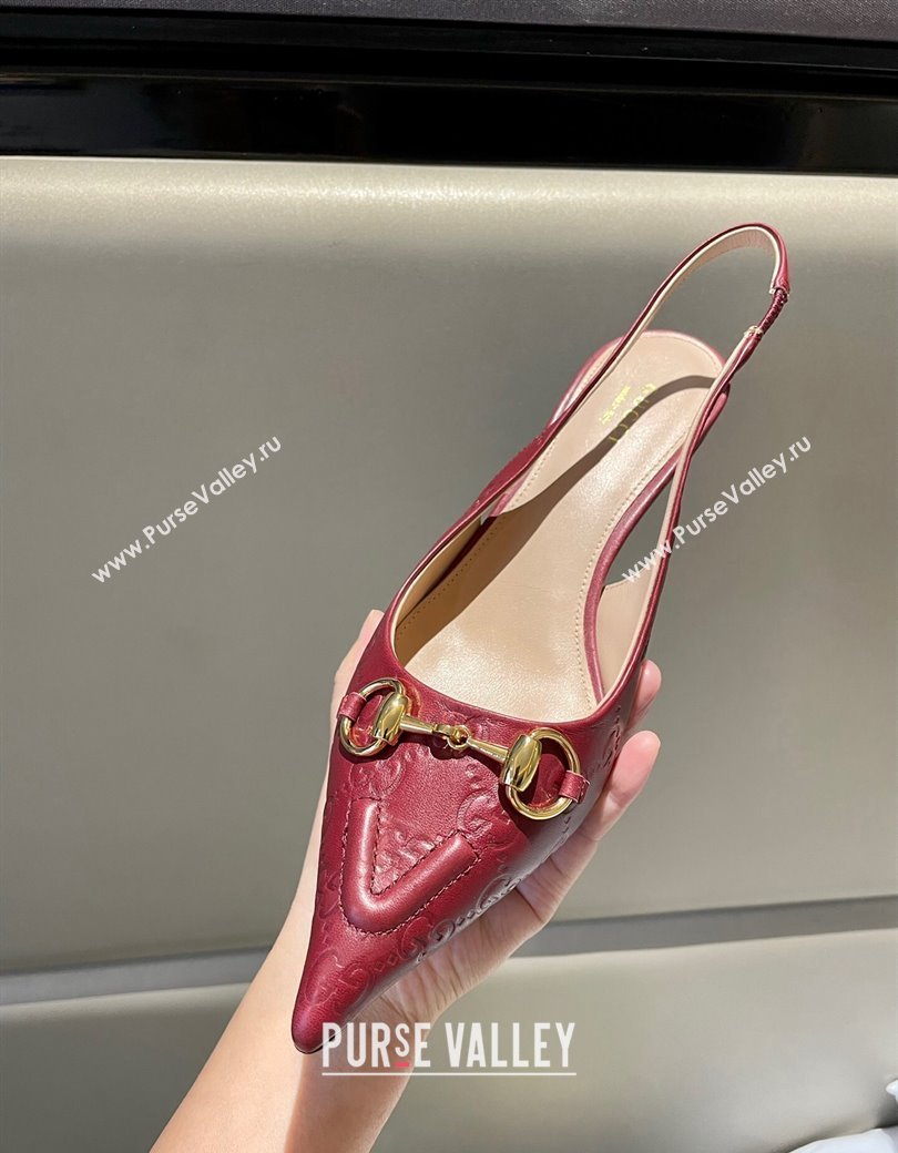 Gucci GG Leather Slingback Pumps 4.5cm with Horsebit 782627 Burgundy 2024 (MD-241119034)