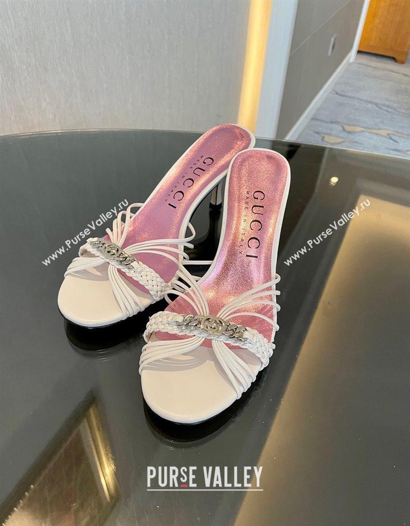 Gucci Lambskin Heel Slides Sandal 6.5cm with GG Chain White 2024 GG111903 (MD-241119039)