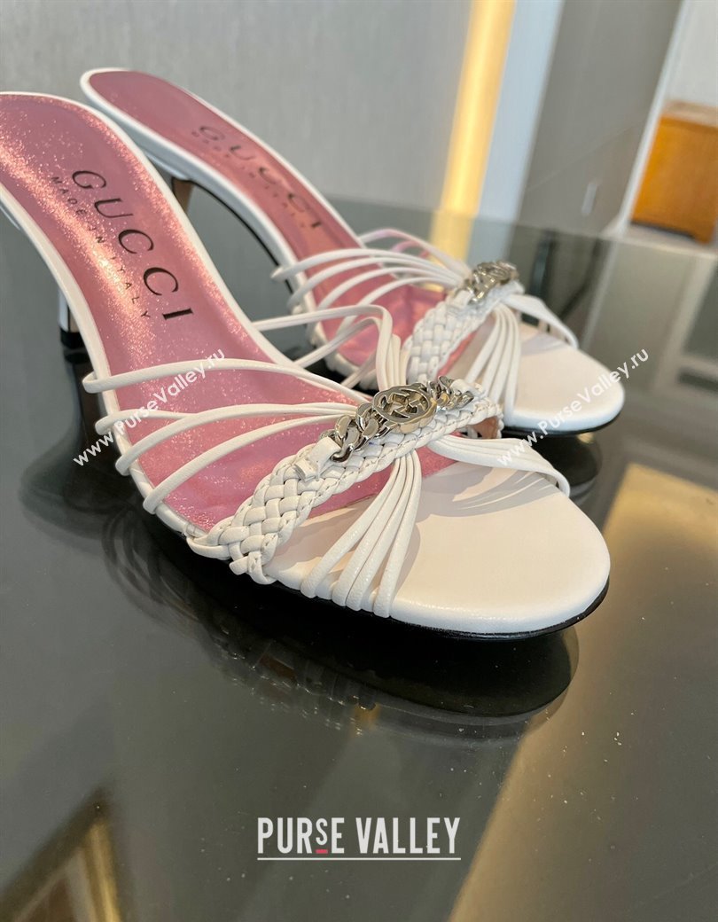 Gucci Lambskin Heel Slides Sandal 6.5cm with GG Chain White 2024 GG111903 (MD-241119039)