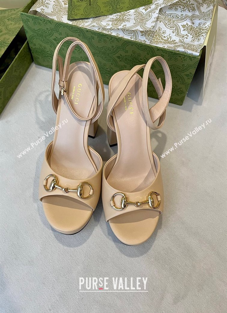 Gucci Leather Horsebit High Heel Platform Sandals 11cm Beige 2024 GG111904 (MD-241119045)