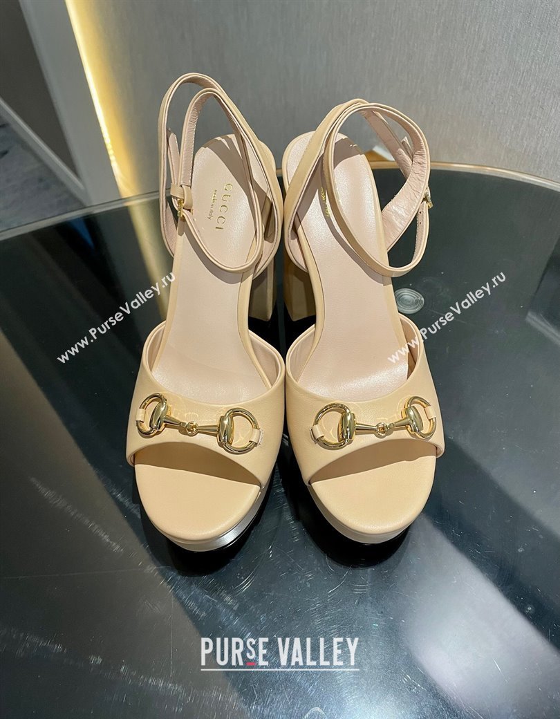 Gucci Leather Horsebit High Heel Platform Sandals 11cm Beige 2024 GG111904 (MD-241119045)